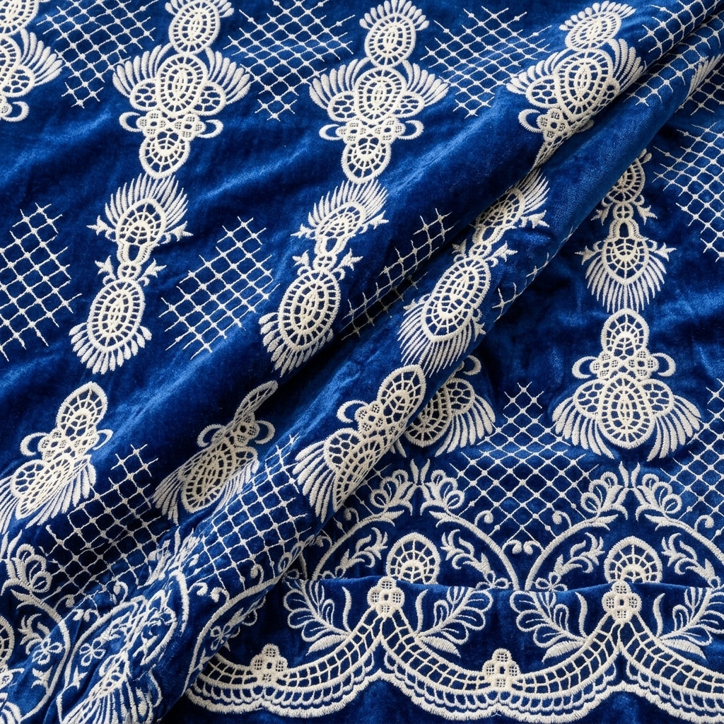 Folded Blue Embroidery Velvet Fabric