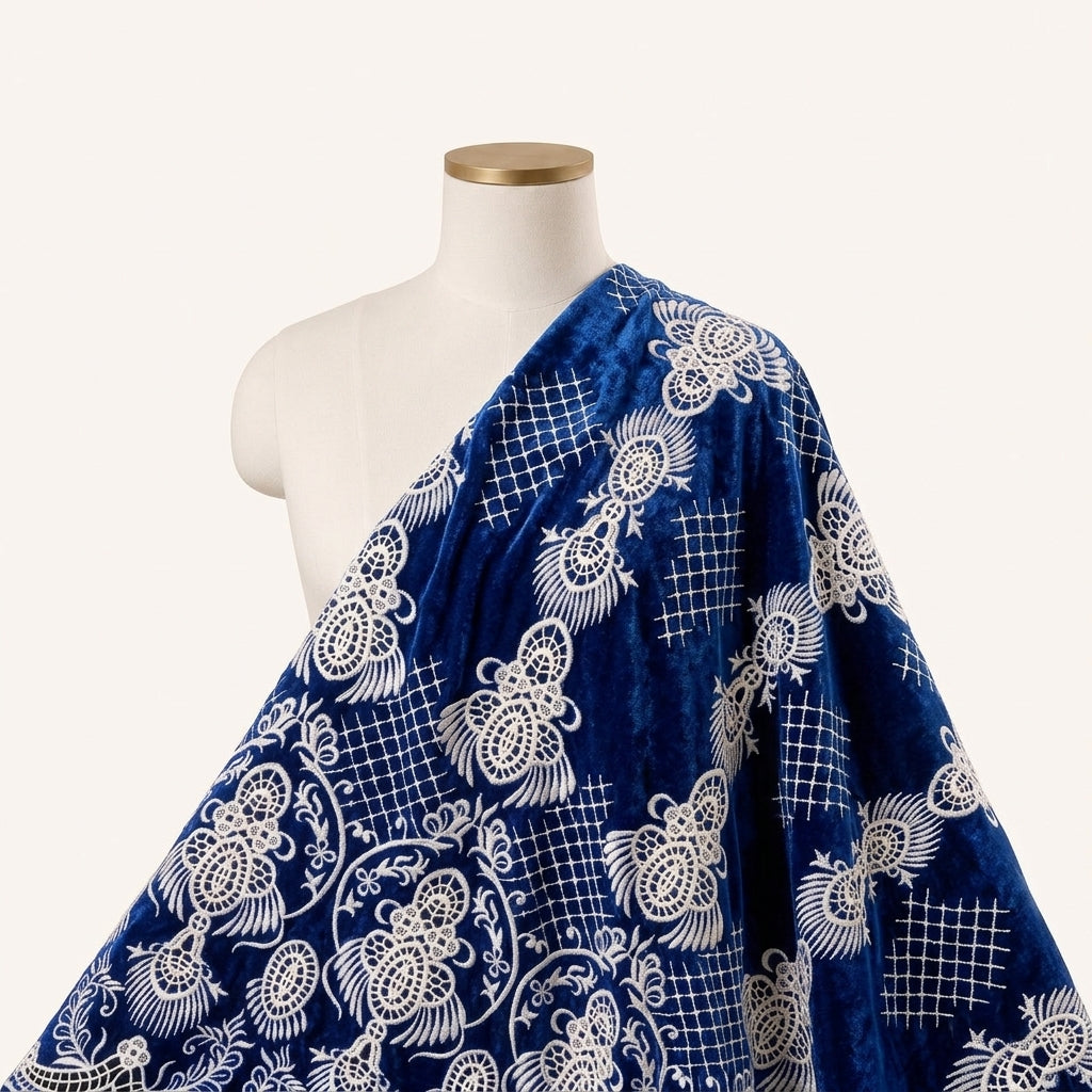 Blue Embroidery Velvet Fabric Draped as a saree