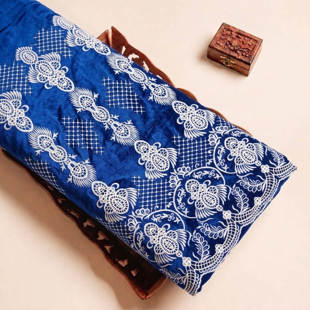 Blue Embroidery Velvet Fabric, folded