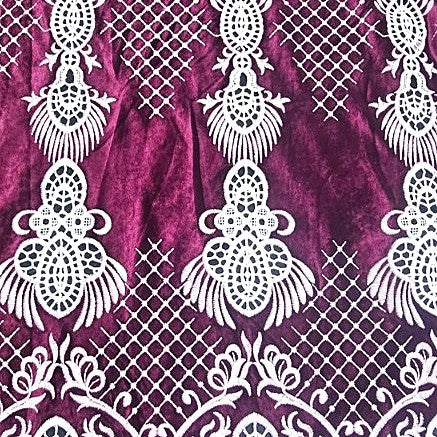 Wine Embroidery Velvet Fabric, laid flat