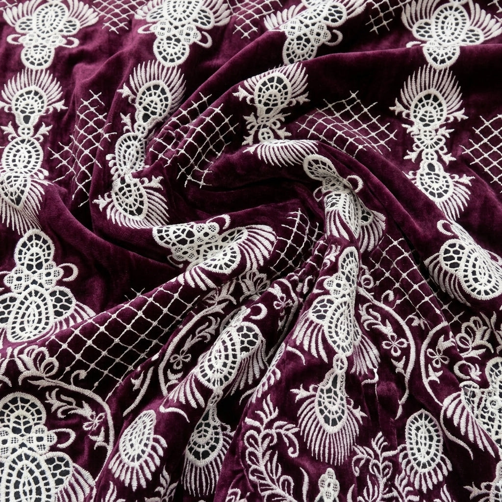 Swirled Wine Embroidery Velvet Fabric Showing Thread Work Border and Drape