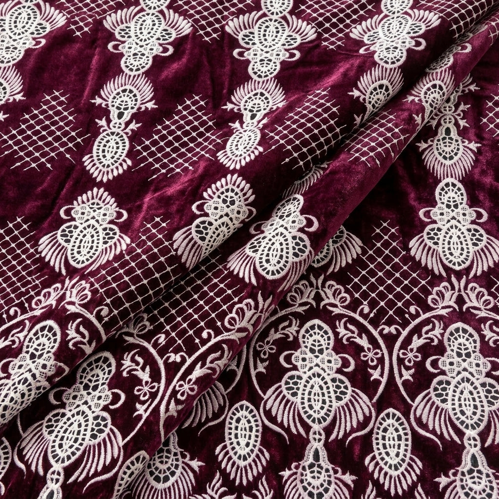 Folded Wine Embroidery Velvet Fabric