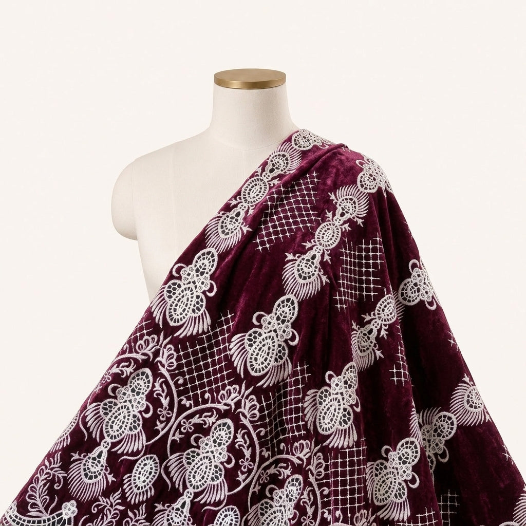 Wine Embroidery Velvet Fabric Draped as a saree