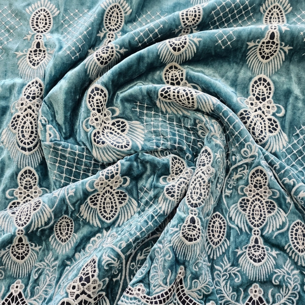 Swirled Green Embroidery Velvet Fabric Showing Thread Work Border and Drape