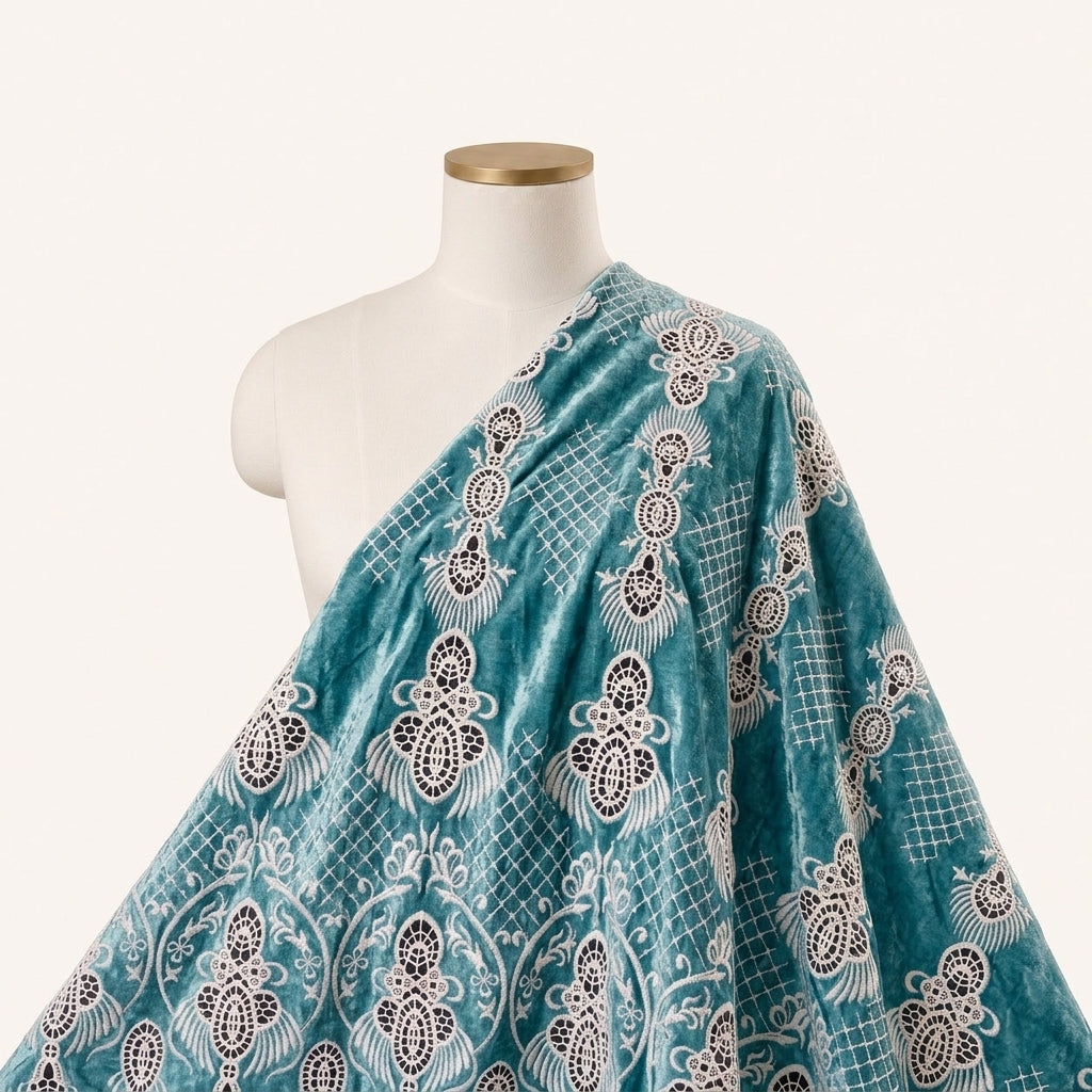 Green Embroidery Velvet Fabric Draped as a saree