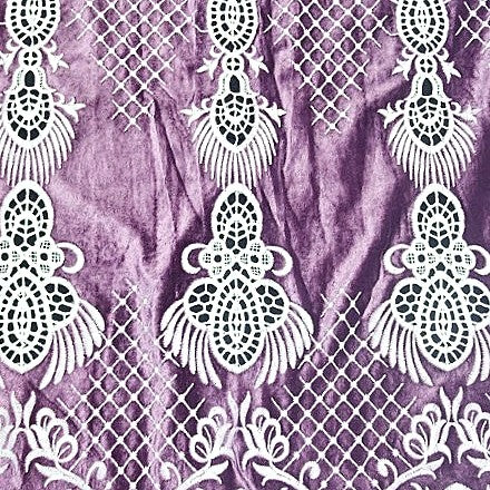 Violet Embroidery Velvet Fabric, laid flat