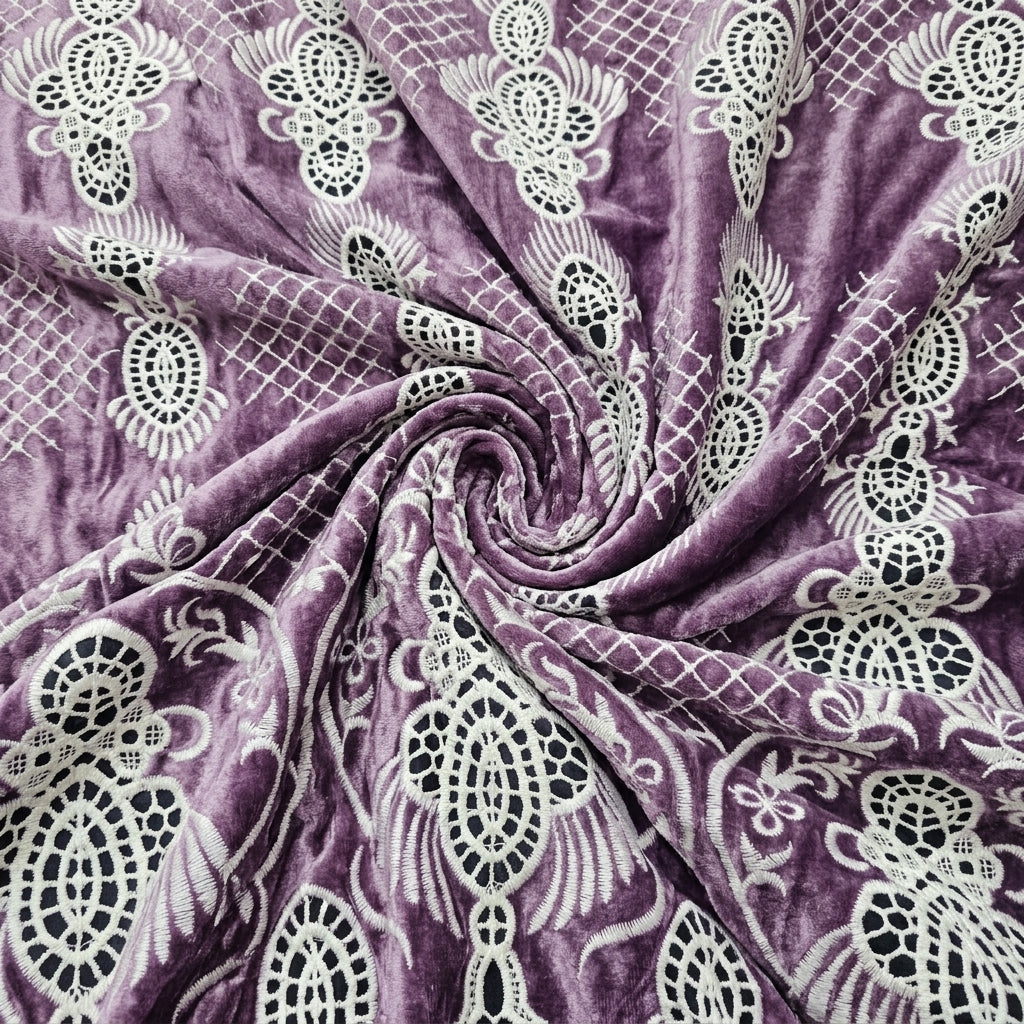 Swirled Violet Embroidery Velvet Fabric Showing Thread Work Border and Drape
