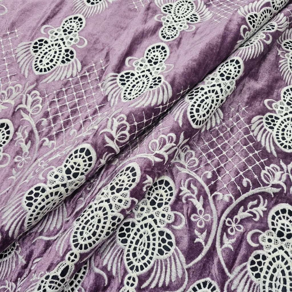 Folded Violet Embroidery Velvet Fabric