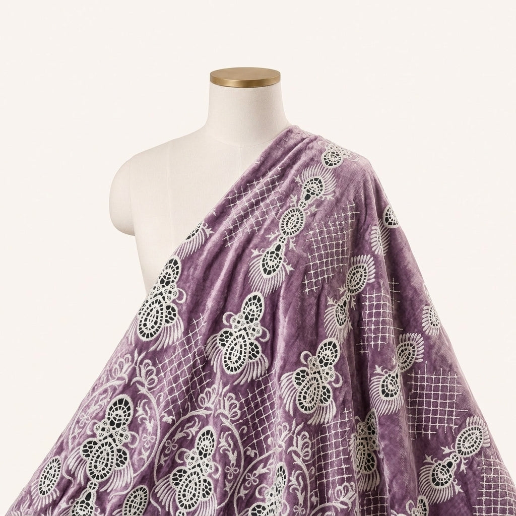 Violet Embroidery Velvet Fabric Draped as a saree