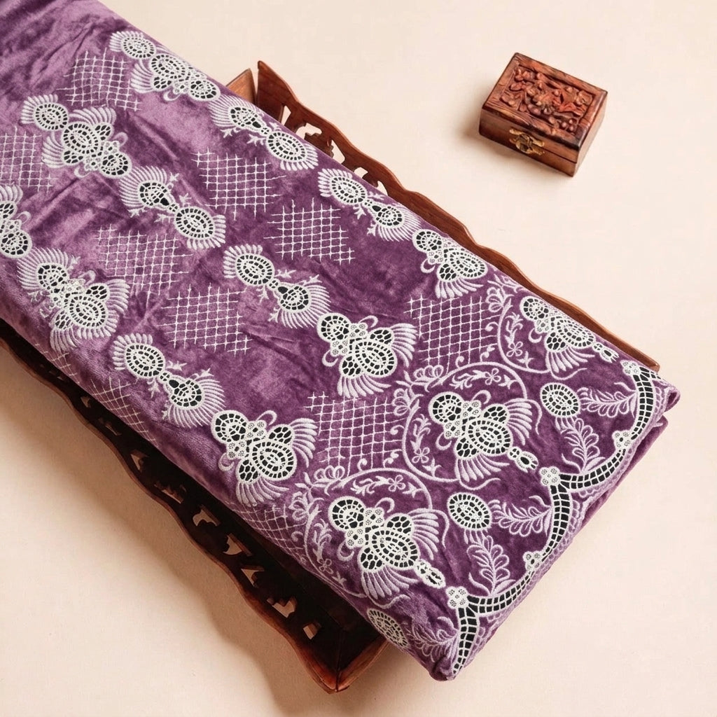 Violet Embroidery Velvet Fabric, folded