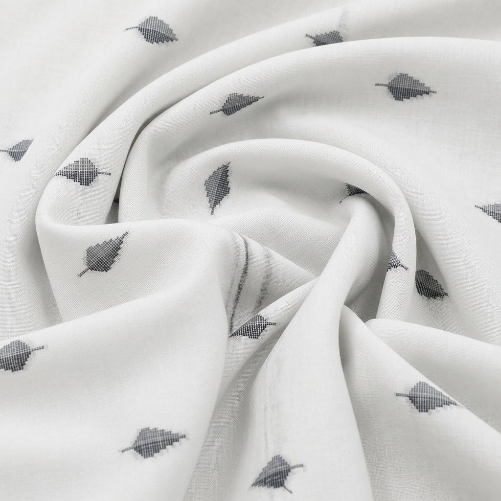 Swirled White Printed Jacquard Fabric Showing Drape
