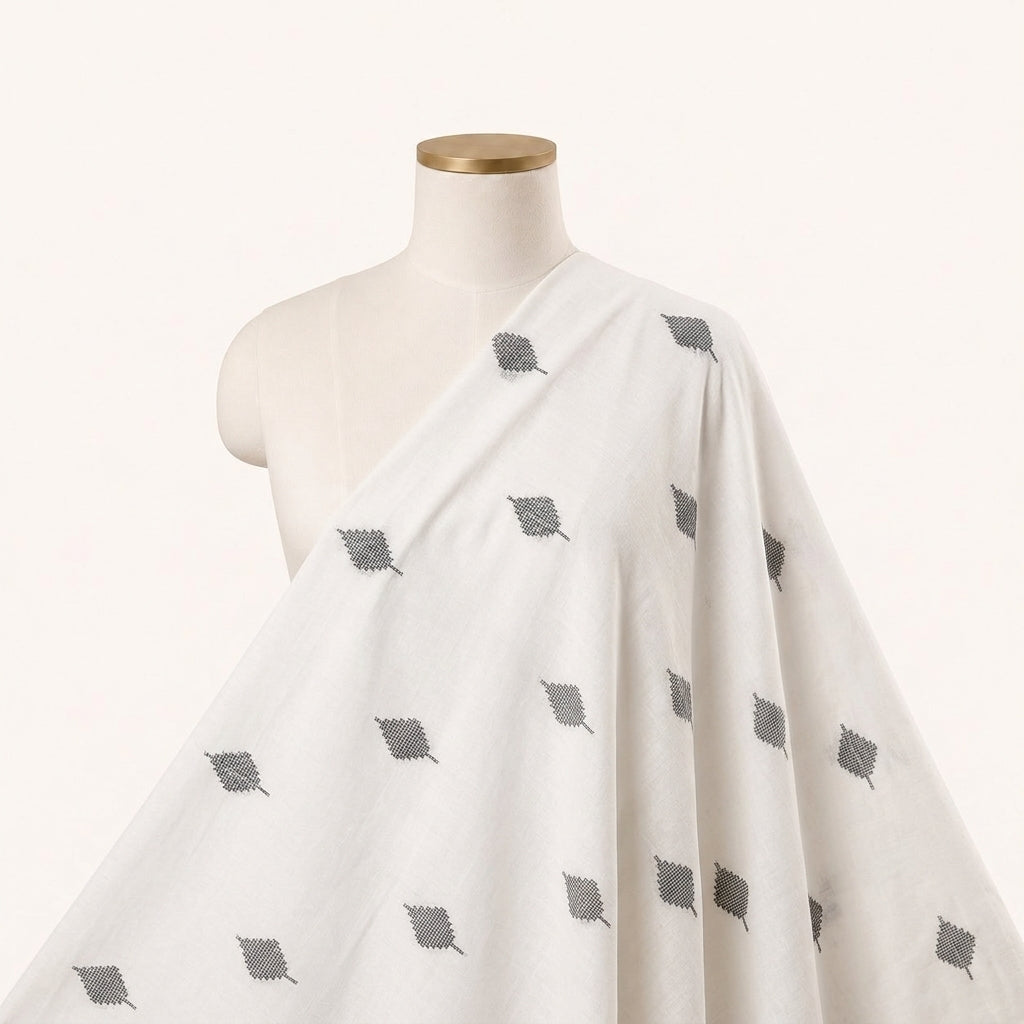 White Printed Jacquard Fabric Draped as a saree