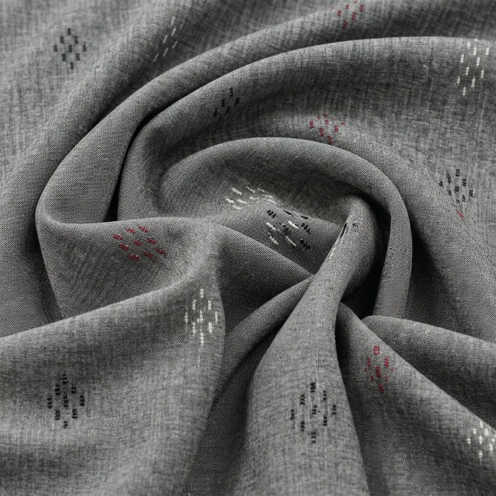 Swirled Grey Embroidery Jacquard Fabric Showing Thread Work and Drape