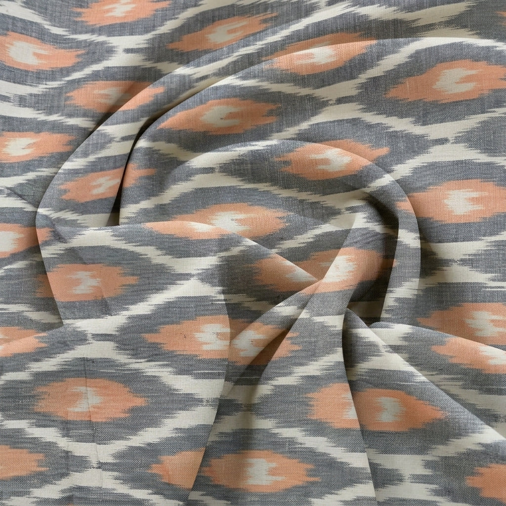 Swirled Grey Ikat Cotton Fabric Showing Drape