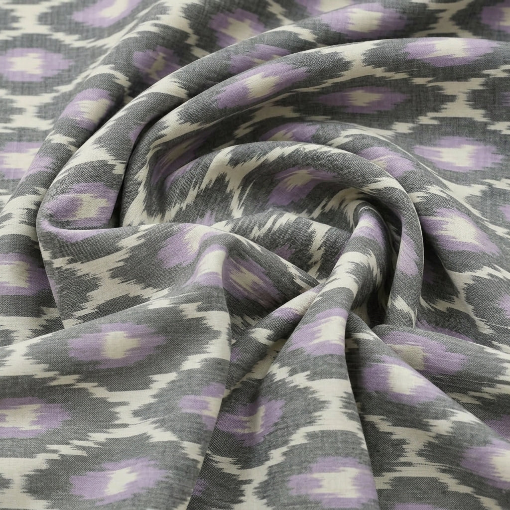 Swirled Grey Ikat Cotton Fabric Showing Drape