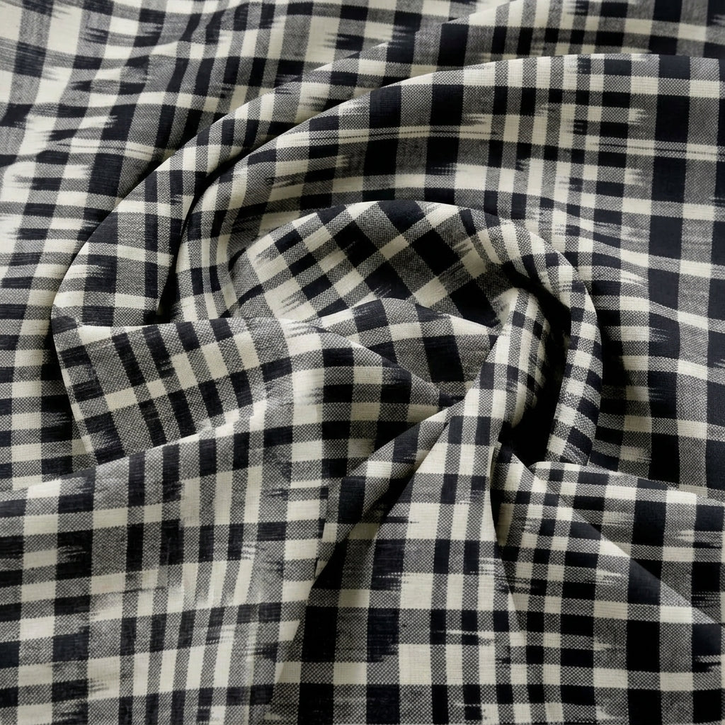 Swirled White Ikat Cotton Fabric Showing Drape