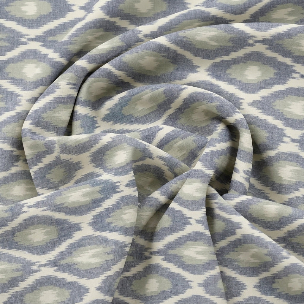 Swirled White Ikat Cotton Fabric Showing Drape