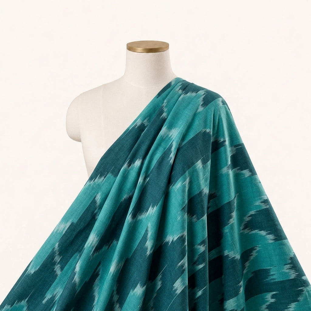 Green Ikat Cotton Fabric Draped as a saree