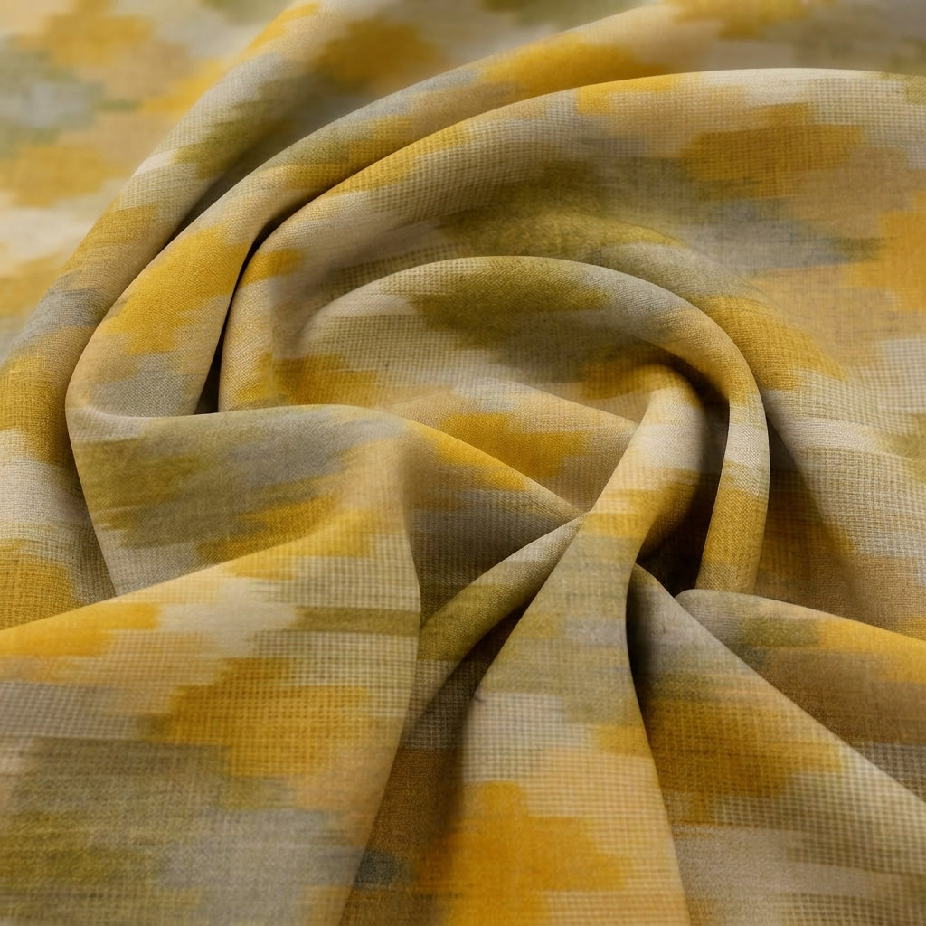 Swirled Yellow Ikat Cotton Fabric Showing Drape