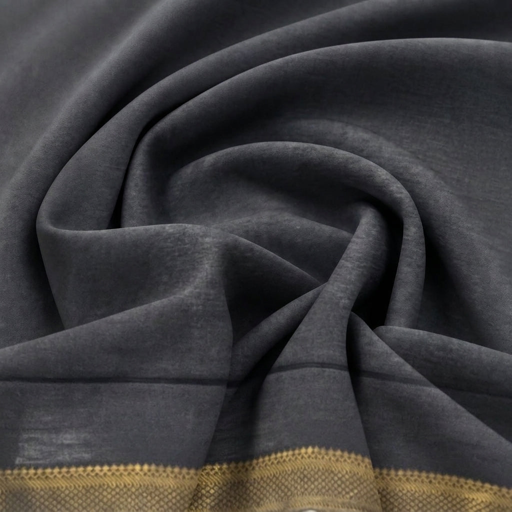 Swirled Black Zari Cotton Fabric Showing Border and Drape