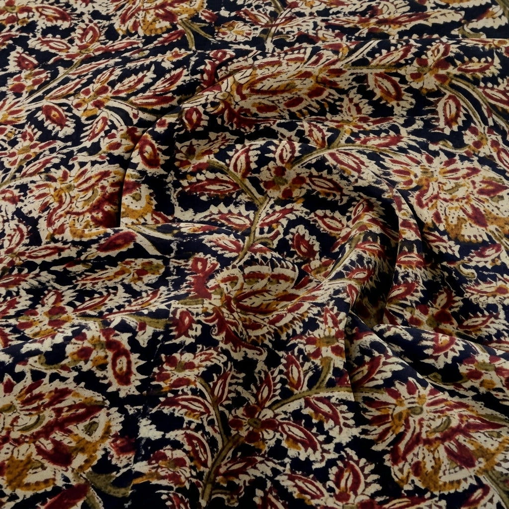 Swirled Black Kalamkari Cotton Fabric Showing Drape