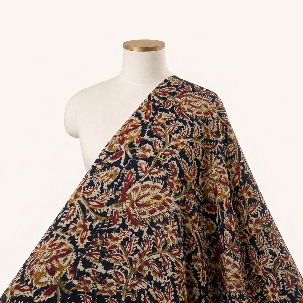Black Kalamkari Cotton Fabric Draped as a saree