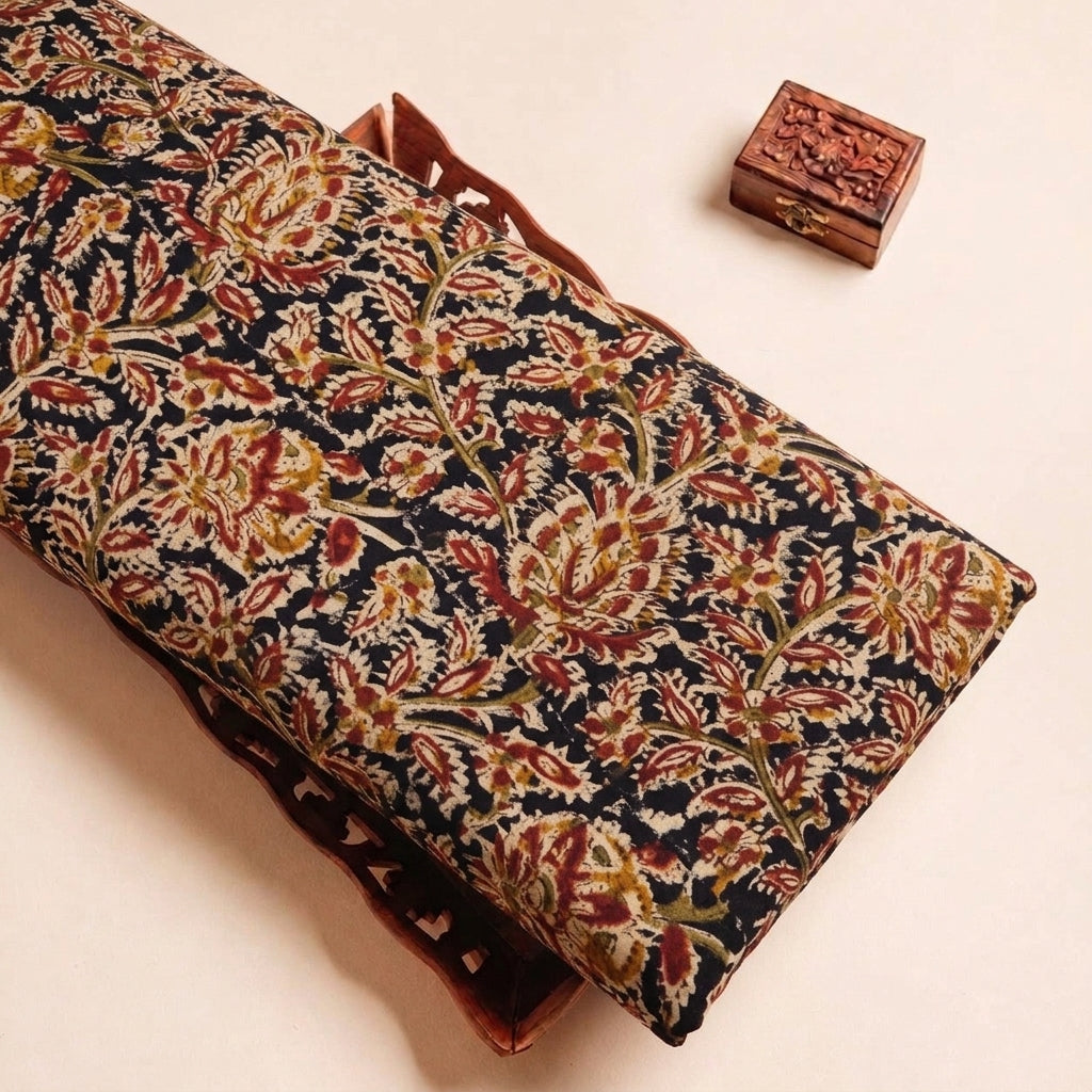 Black Kalamkari Cotton Fabric, folded