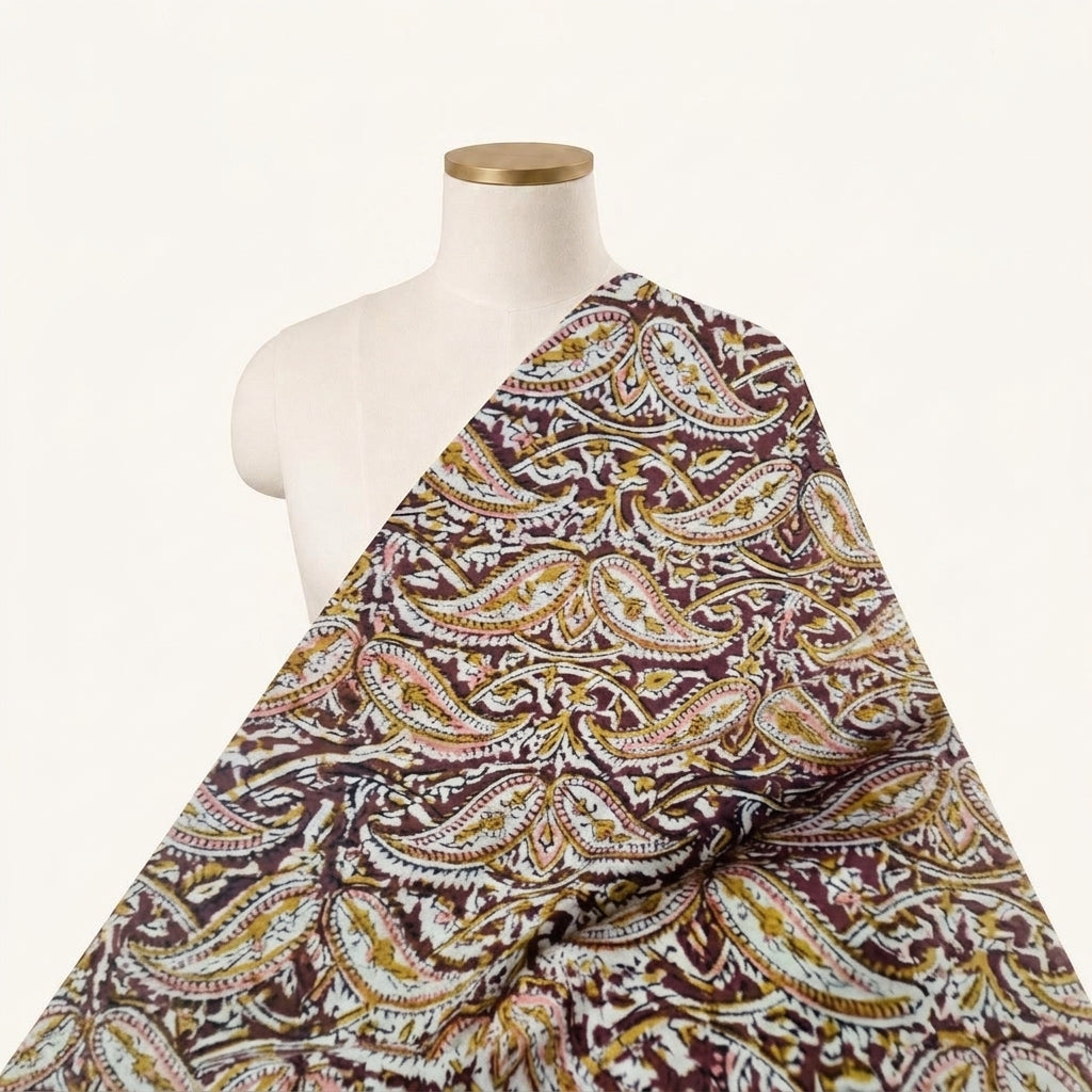 Maroon Kalamkari Cotton Fabric, draped as a saree