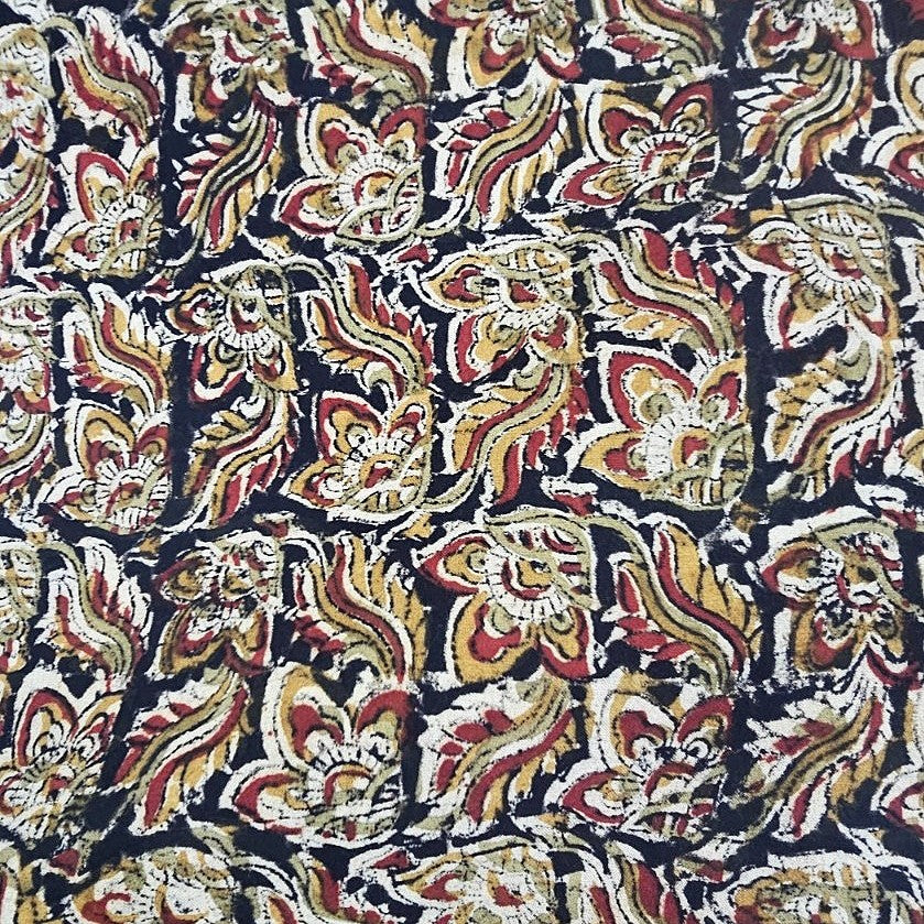 Black Kalamkari Cotton Fabric, laid flat