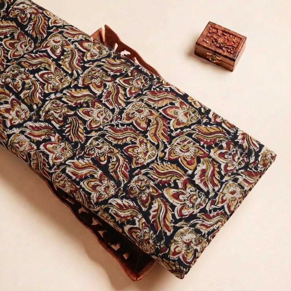 Black Kalamkari Cotton Fabric, folded