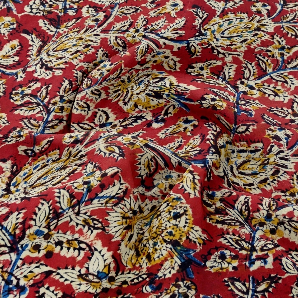 Swirled Red Kalamkari Cotton Fabric Showing Drape