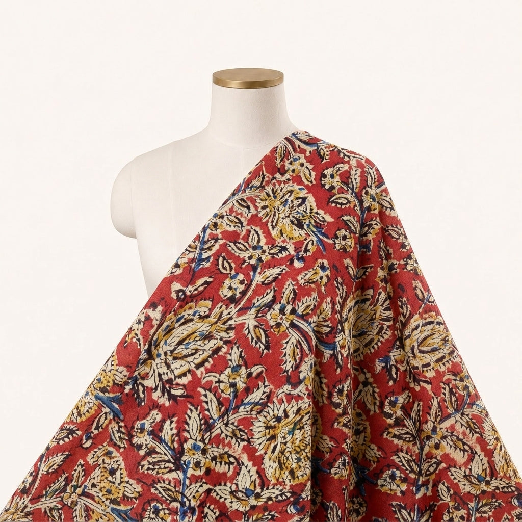 Red Kalamkari Cotton Fabric Draped as a saree