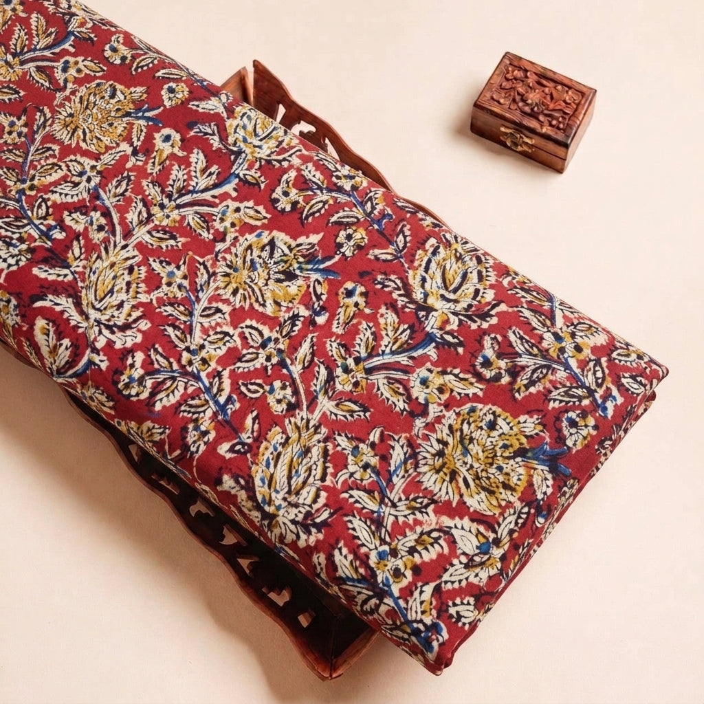 Red Kalamkari Cotton Fabric, folded