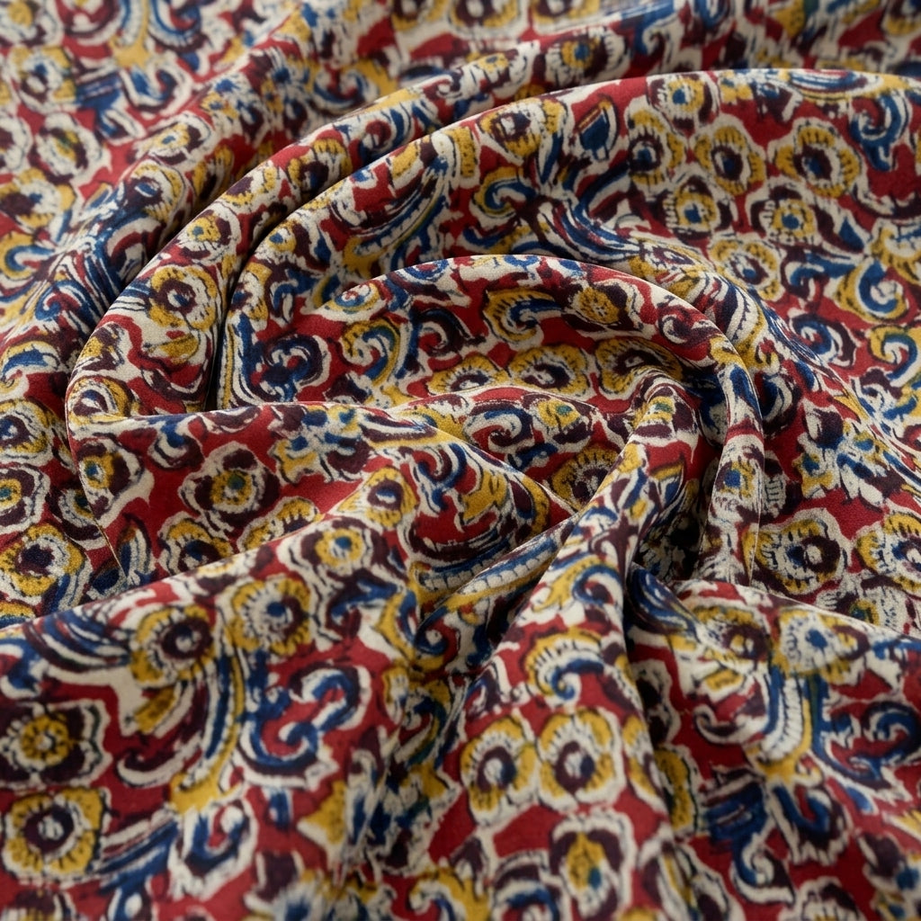 Swirled Red Kalamkari Cotton Fabric Showing Drape