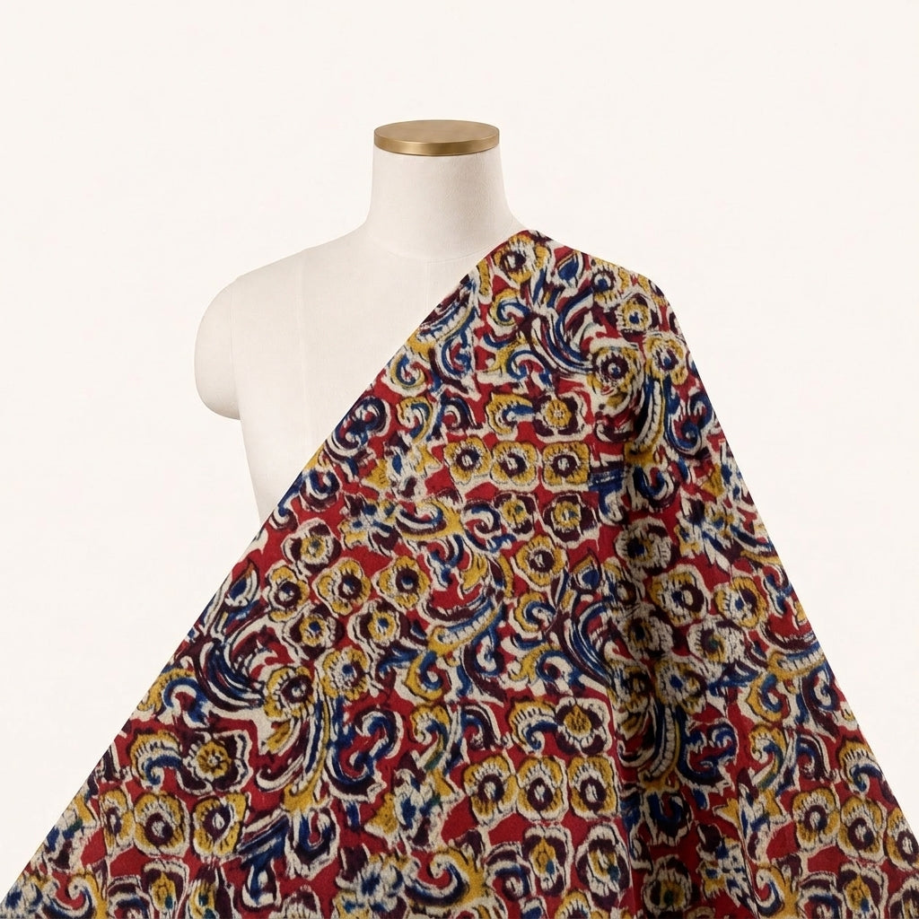 Red Kalamkari Cotton Fabric Draped as a saree