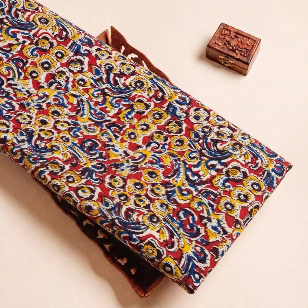 Red Kalamkari Cotton Fabric, folded