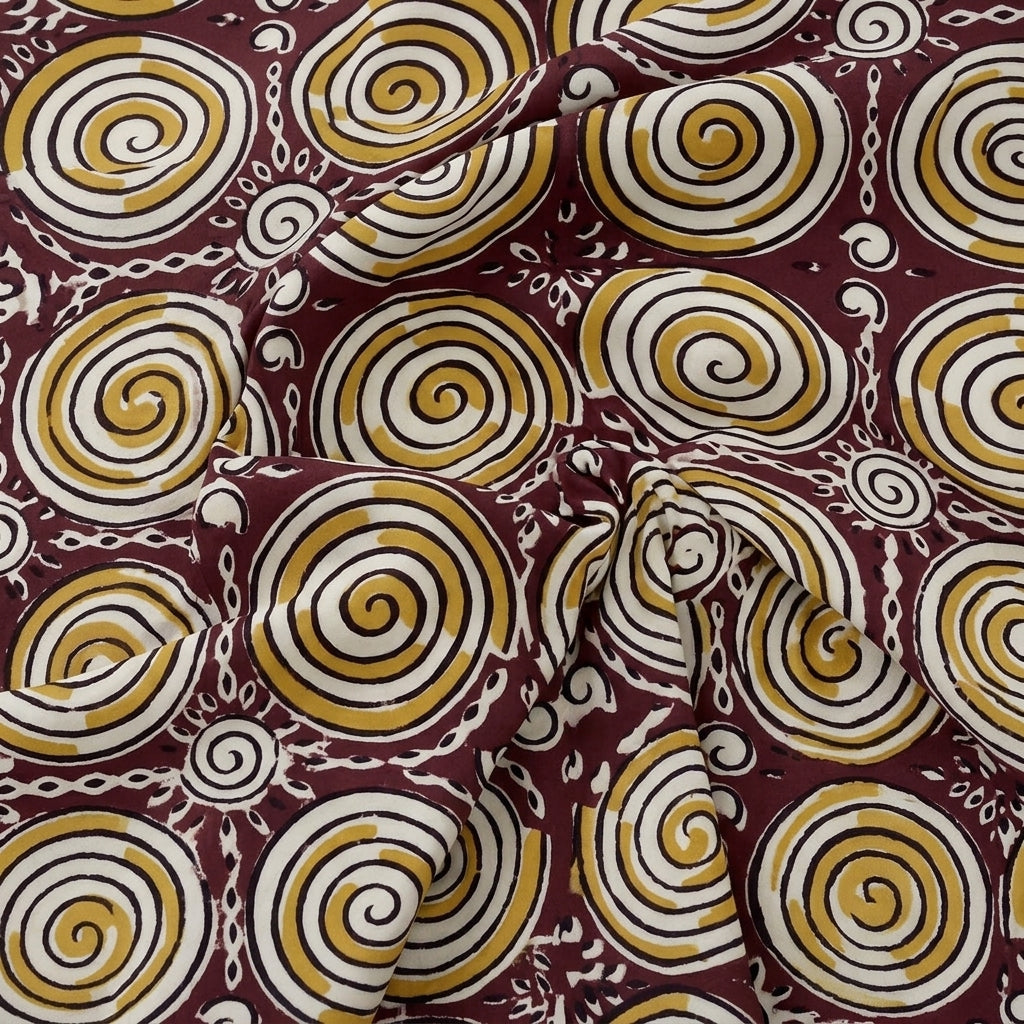 Purple Kalamkari Cotton Fabric, swirled to show the drape