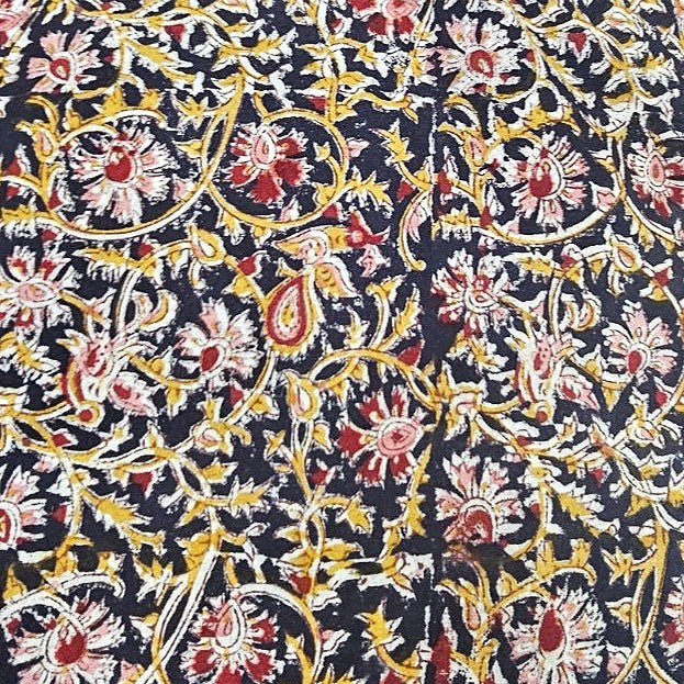 Black Kalamkari Cotton Fabric, laid flat