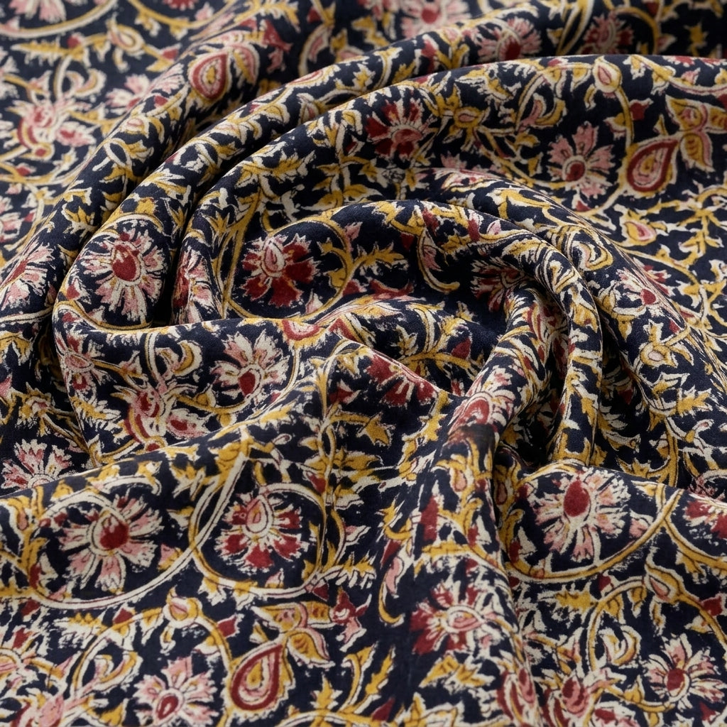 Swirled Black Kalamkari Cotton Fabric Showing Drape