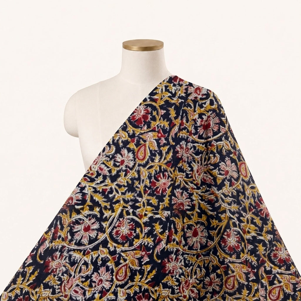 Black Kalamkari Cotton Fabric Draped as a saree