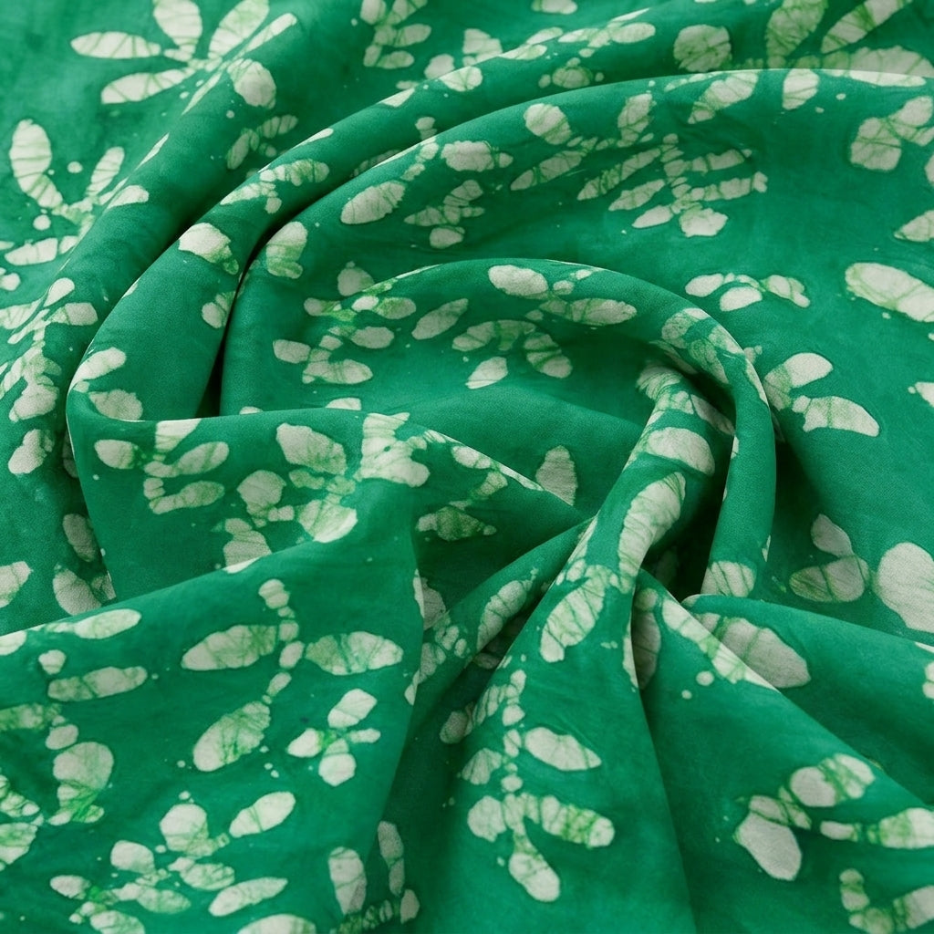 Swirled Green Batik Cotton Fabric Showing Drape