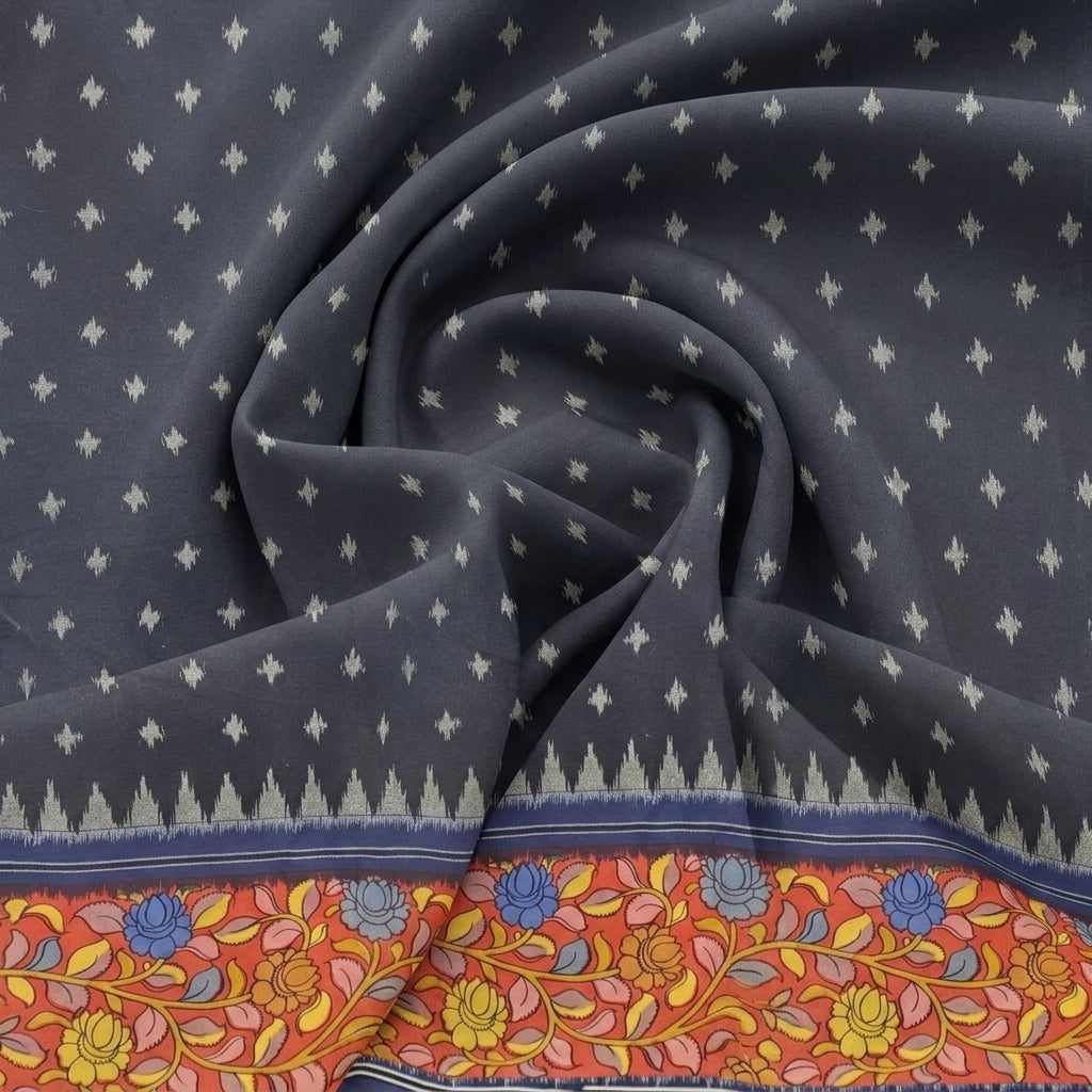 Swirled Black Ikat Cotton Fabric Showing Border Floral and Drape