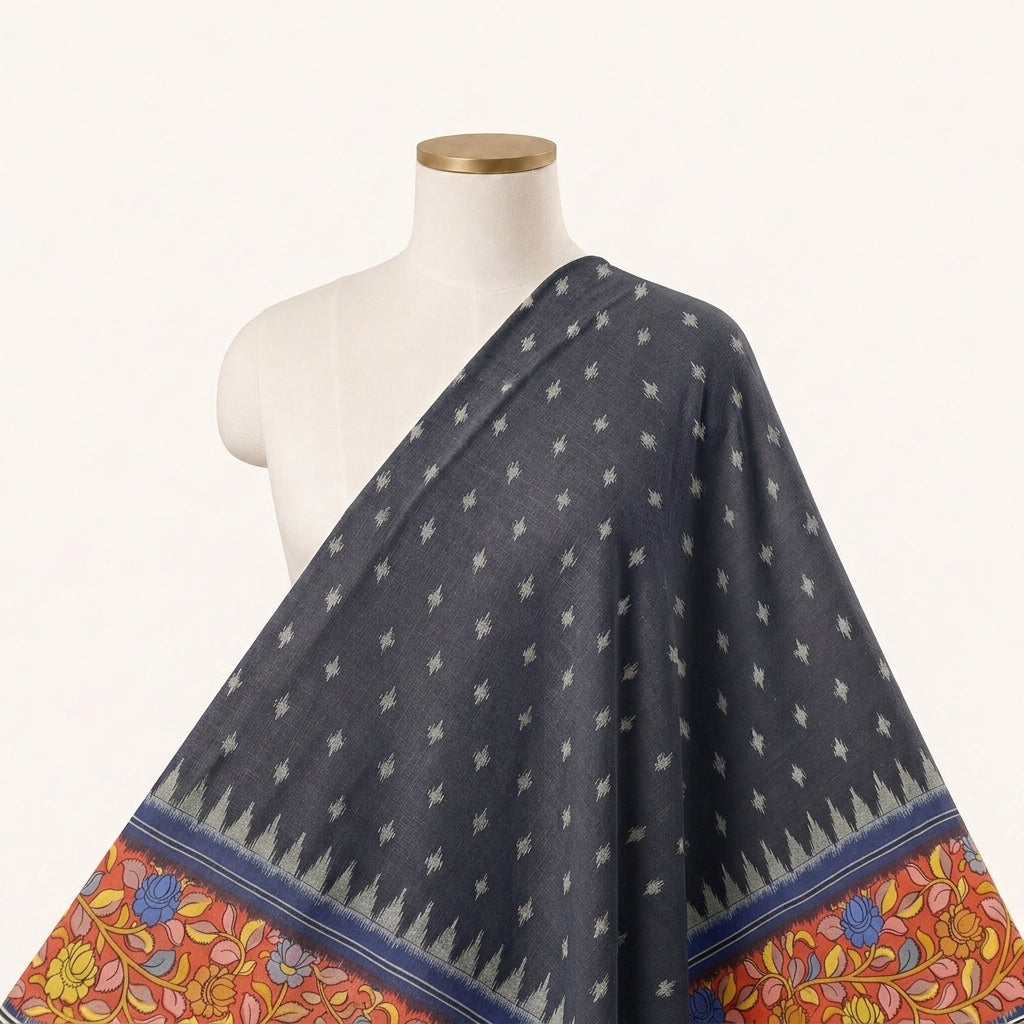 Black Ikat Cotton Fabric Draped as a saree