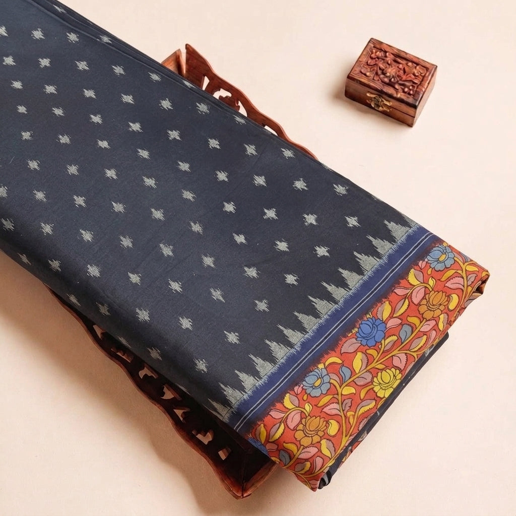 Black Ikat Cotton Fabric, folded