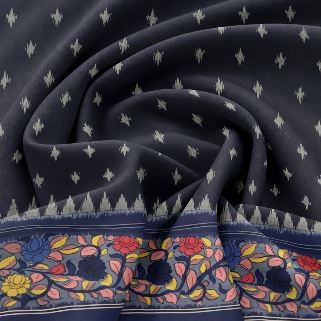 Black Ikat Cotton Fabric, swirled to show the drape