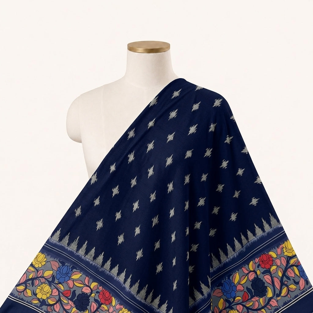 Black Ikat Cotton Fabric Draped as a saree