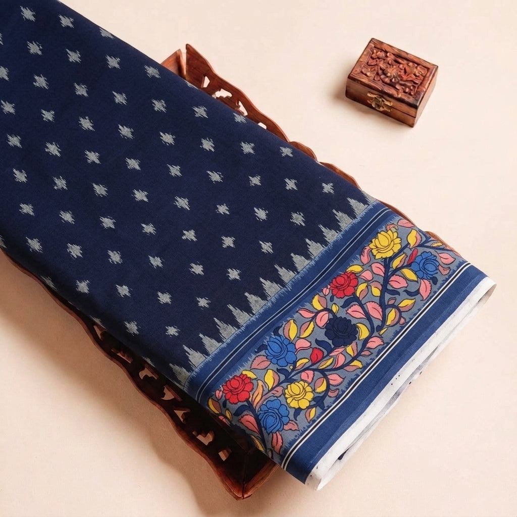 Folded Black Ikat Cotton Fabric Highlighting Border Floral and Texture