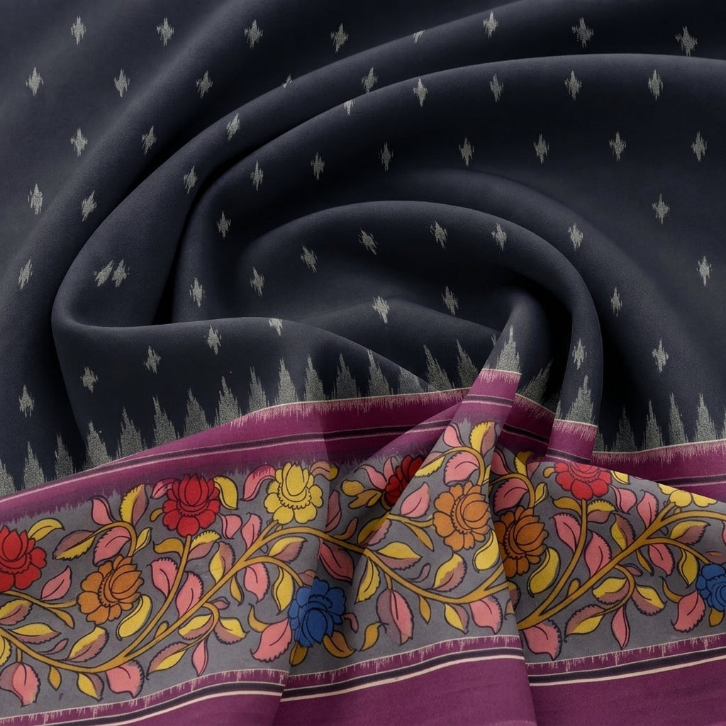 Swirled Black Ikat Cotton Fabric Showing Border Floral and Drape