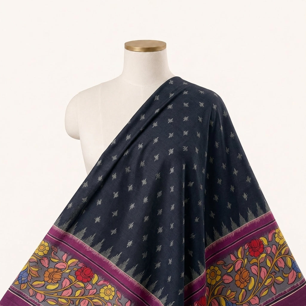 Black Ikat Cotton Fabric Draped as a saree