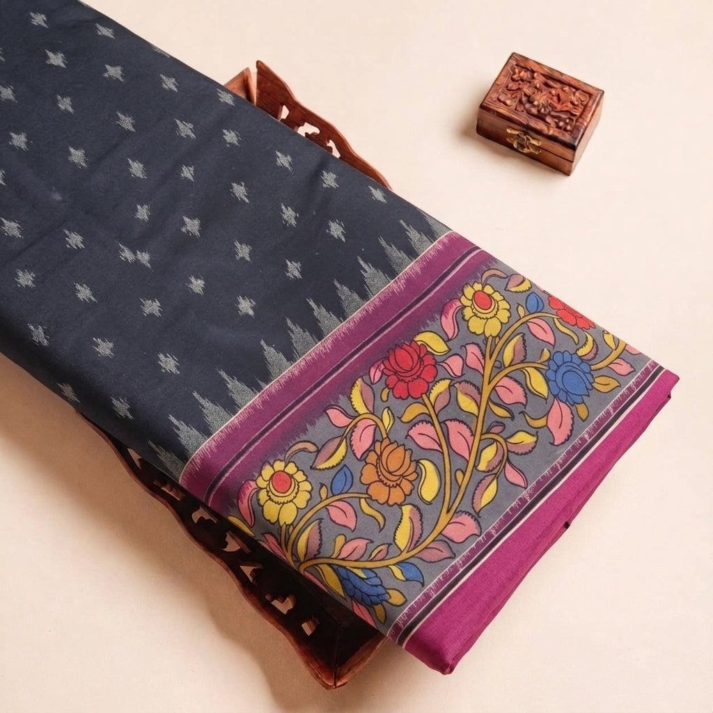 Black Ikat Cotton Fabric, folded
